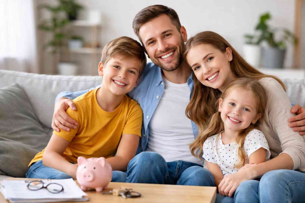 Familia feliz de cuatro personas sonriendo en el salón de casa, transmitiendo seguridad y bienestar financiero