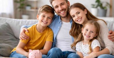 Familia feliz de cuatro personas sonriendo en el salón de casa, transmitiendo seguridad y bienestar financiero