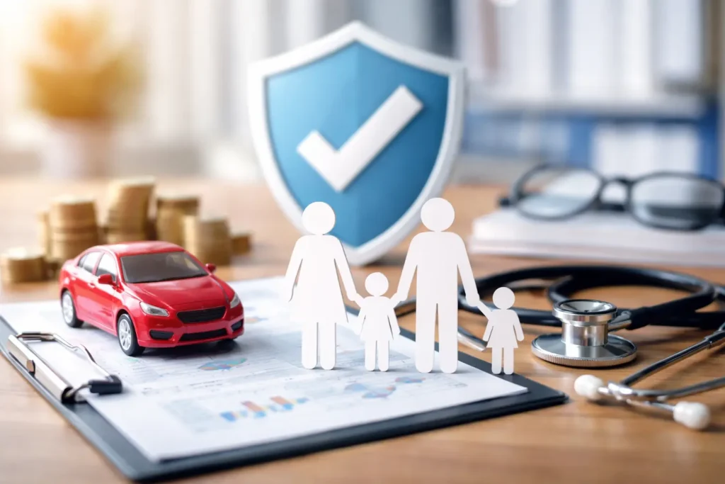 Familia y auto protegidos con seguro de salud, vida y automóvil sobre escritorio financiero