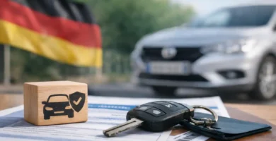 Seguro de coche en Alemania con llaves del vehículo y documentos de aseguradora