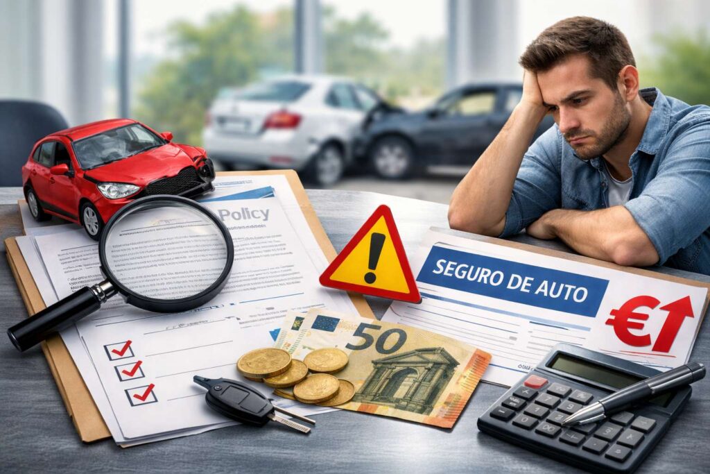 Persona revisando documentación de seguro de coche con calculadora y coche dañado al fondo, representando errores comunes al contratar un seguro de automóvil