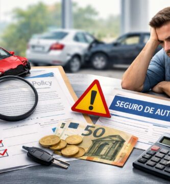 Persona revisando documentación de seguro de coche con calculadora y coche dañado al fondo, representando errores comunes al contratar un seguro de automóvil