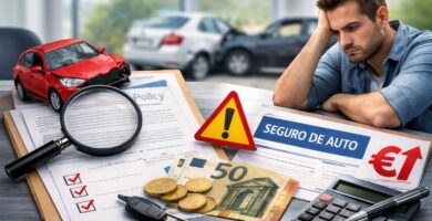 Persona revisando documentación de seguro de coche con calculadora y coche dañado al fondo, representando errores comunes al contratar un seguro de automóvil