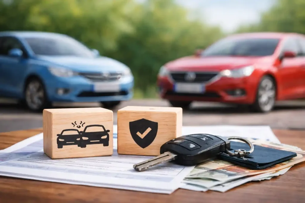 Diferencia entre seguro a terceros y todo riesgo en Alemania con llaves de coche, documentos y símbolos de protección