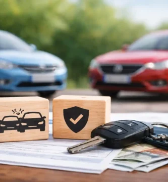Diferencia entre seguro a terceros y todo riesgo en Alemania con llaves de coche, documentos y símbolos de protección