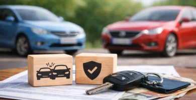 Diferencia entre seguro a terceros y todo riesgo en Alemania con llaves de coche, documentos y símbolos de protección