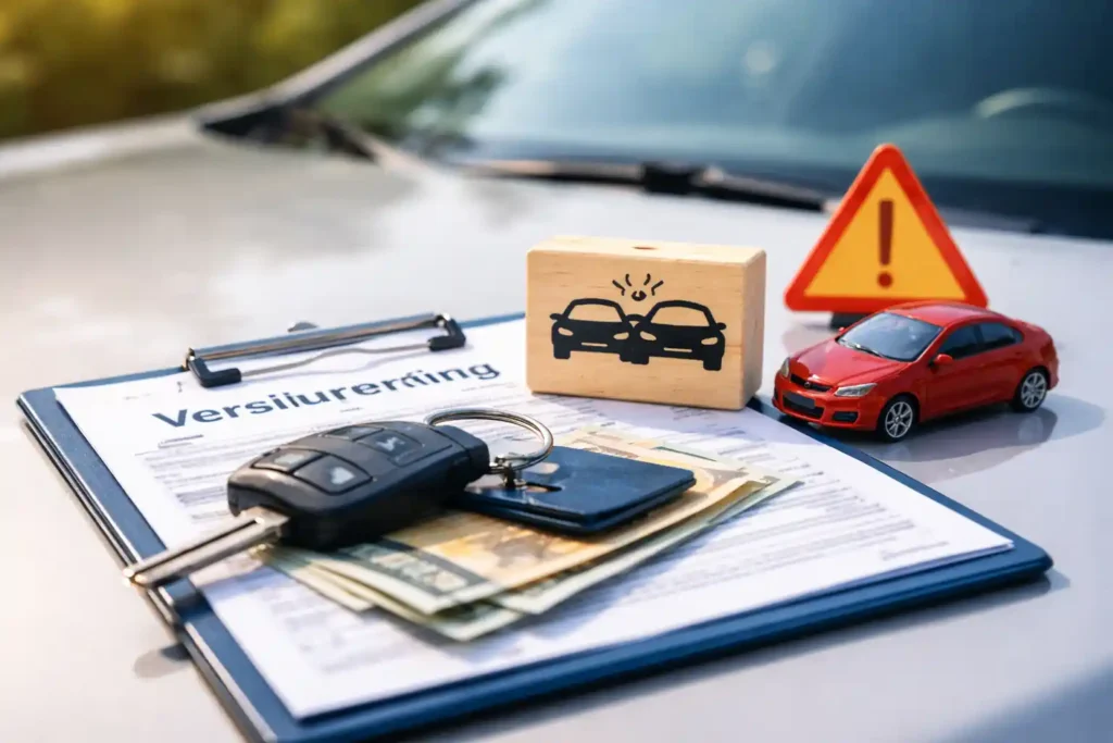 Seguro a terceros en Alemania: coche con llaves, documentos y símbolos de protección