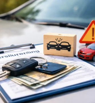 Seguro a terceros en Alemania: coche con llaves, documentos y símbolos de protección