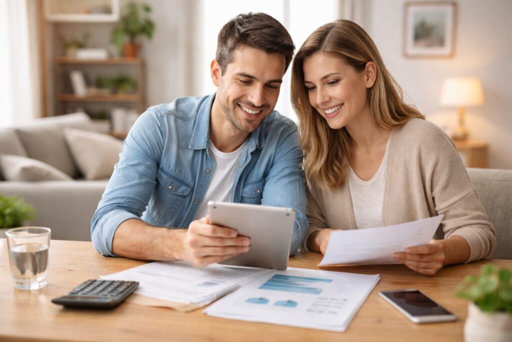 Pareja revisando seguros de coche, salud y vida desde una tablet en casa