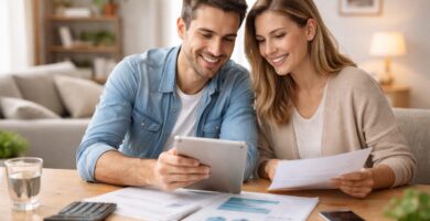 Pareja revisando seguros de coche, salud y vida desde una tablet en casa