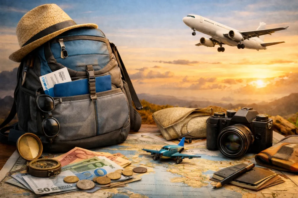 Viajar más gastando menos: mochila, mapa, cámara y avión al atardecer representando estrategias para ahorrar en viajes