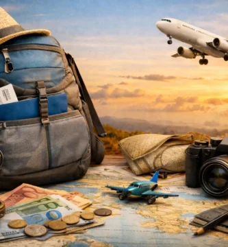 Viajar más gastando menos: mochila, mapa, cámara y avión al atardecer representando estrategias para ahorrar en viajes