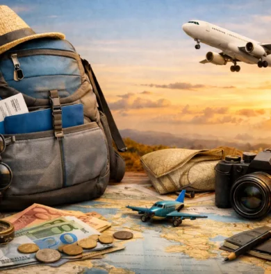 Viajar más gastando menos: mochila, mapa, cámara y avión al atardecer representando estrategias para ahorrar en viajes