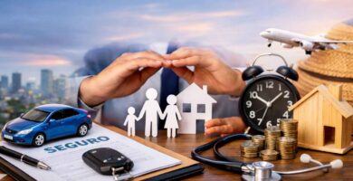Collage de seguros que incluye coche, familia, casa, monedas y estetoscopio, simbolizando los tipos de seguros más contratados en 2026