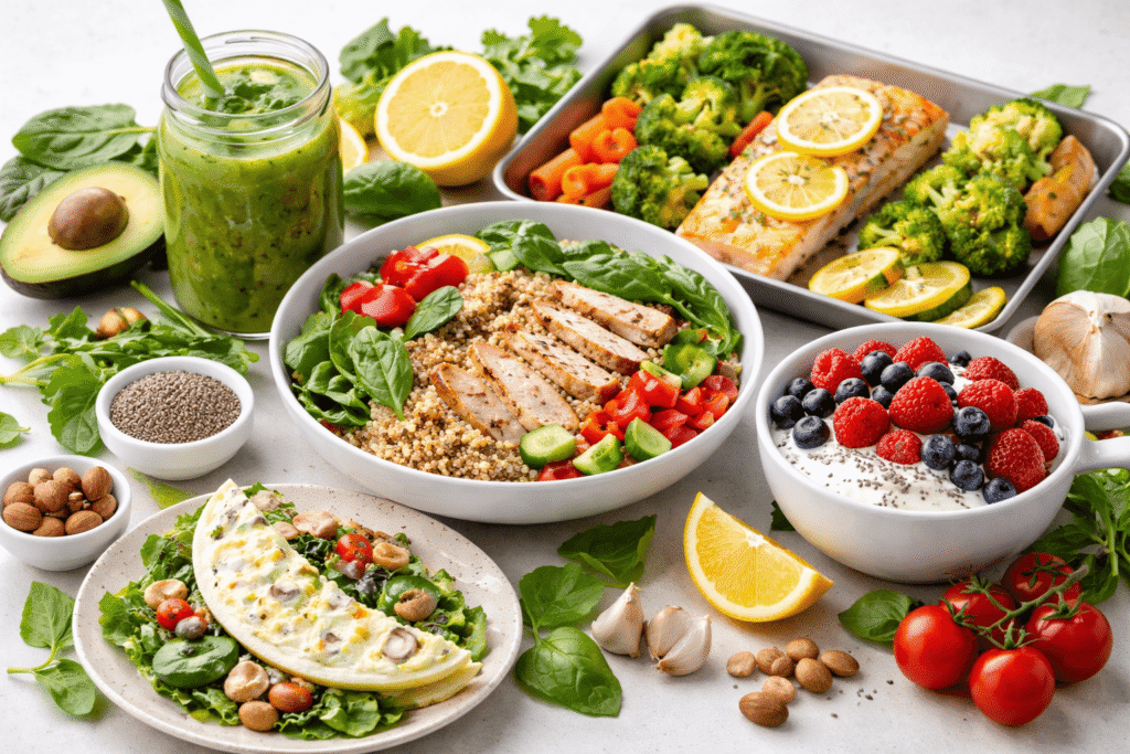 Plato colorido con ensalada de quinoa, pollo a la plancha, verduras asadas, batido verde y yogur con frutos rojos, representando recetas saludables para bajar de peso sin pasar hambre