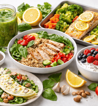 Plato colorido con ensalada de quinoa, pollo a la plancha, verduras asadas, batido verde y yogur con frutos rojos, representando recetas saludables para bajar de peso sin pasar hambre