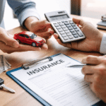 Personas negociando el precio de un seguro de coche con calculadora, llaves del coche y contrato de seguro sobre la mesa