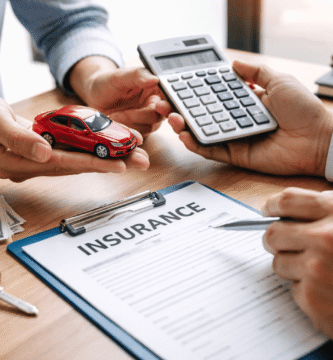 Personas negociando el precio de un seguro de coche con calculadora, llaves del coche y contrato de seguro sobre la mesa