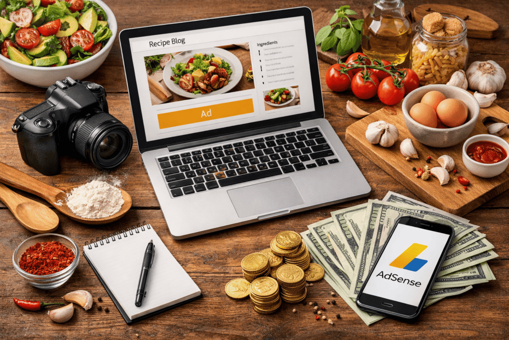 blog de recetas en un portátil con ingredientes de cocina y dinero simbolizando ganar dinero con Google AdSense