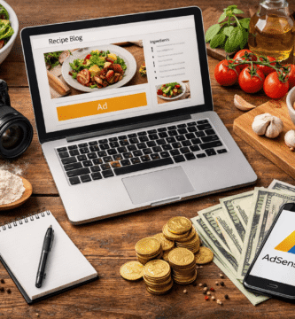 blog de recetas en un portátil con ingredientes de cocina y dinero simbolizando ganar dinero con Google AdSense