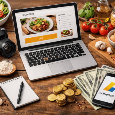 blog de recetas en un portátil con ingredientes de cocina y dinero simbolizando ganar dinero con Google AdSense