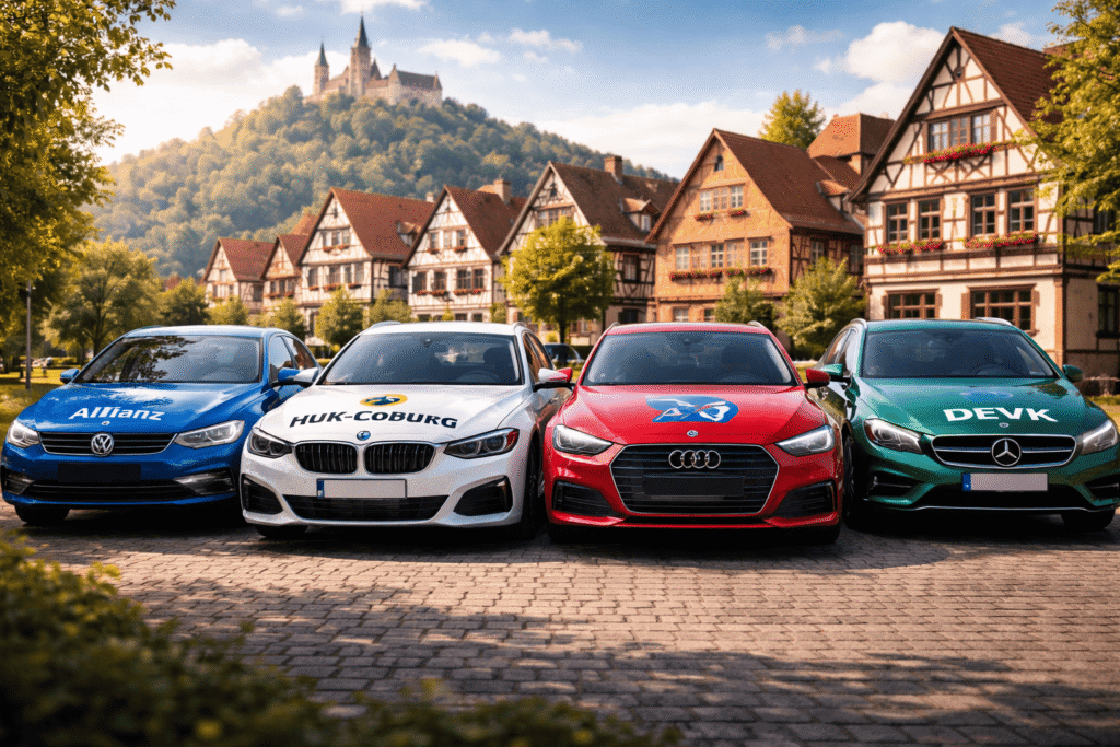 Coches modernos estacionados frente a un pueblo alemán, representando los mejores seguros de coche en Alemania y protección automotriz”