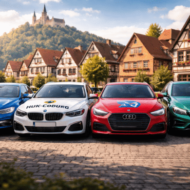 Coches modernos estacionados frente a un pueblo alemán, representando los mejores seguros de coche en Alemania y protección automotriz”