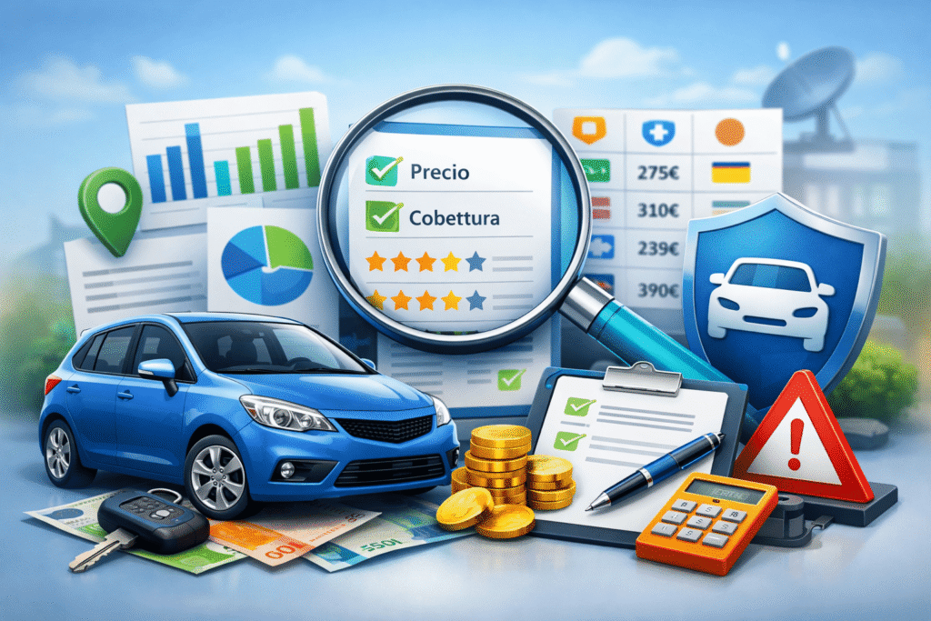 Comparativa de seguros de coche con Rastreator, mostrando coche moderno, gráficos de precios y coberturas, dinero y iconos de seguridad.