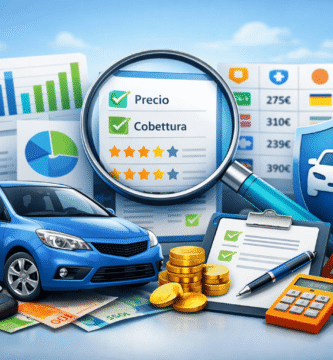 Comparativa de seguros de coche con Rastreator, mostrando coche moderno, gráficos de precios y coberturas, dinero y iconos de seguridad.
