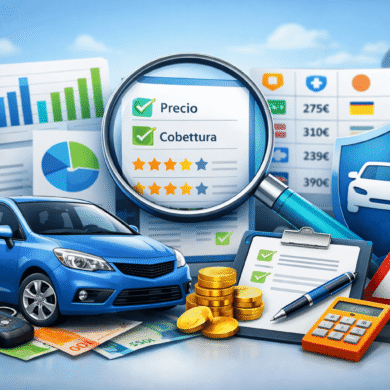 Comparativa de seguros de coche con Rastreator, mostrando coche moderno, gráficos de precios y coberturas, dinero y iconos de seguridad.