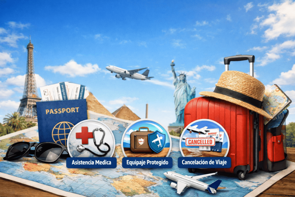 seguro de viaje internacional con pasaporte maleta avión y cobertura médica para viajar al extranjero