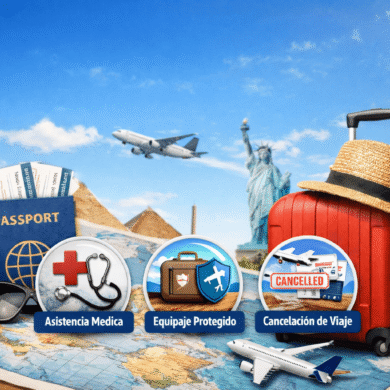 seguro de viaje internacional con pasaporte maleta avión y cobertura médica para viajar al extranjero