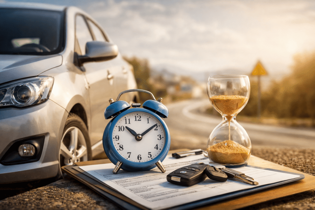 Imagen de un coche moderno con un reloj, un reloj de arena y llaves sobre un documento de seguro, representando un seguro de coche temporal y la cobertura por días