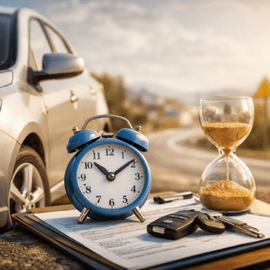 Imagen de un coche moderno con un reloj, un reloj de arena y llaves sobre un documento de seguro, representando un seguro de coche temporal y la cobertura por días
