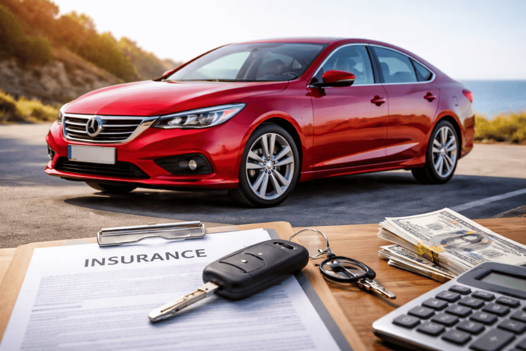 Coche moderno con documentos y llaves sobre mesa, representando seguros de coche baratos online a terceros ampliado y ahorro en pólizas