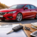 Coche moderno con documentos y llaves sobre mesa, representando seguros de coche baratos online a terceros ampliado y ahorro en pólizas