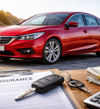 Coche moderno con documentos y llaves sobre mesa, representando seguros de coche baratos online a terceros ampliado y ahorro en pólizas