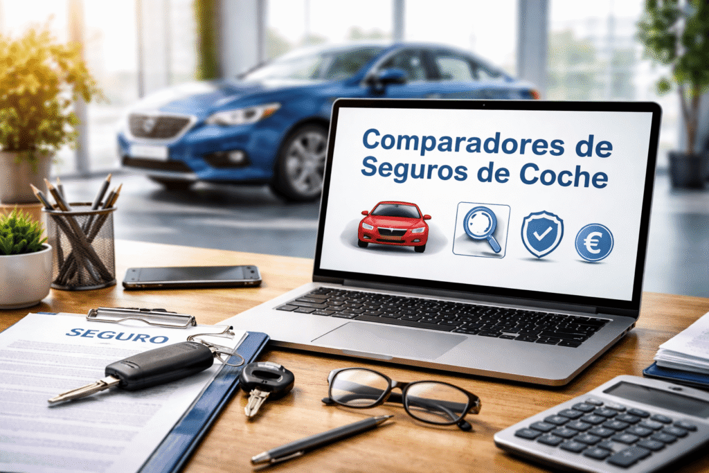 Portátil mostrando comparador de seguros de coche con documentos, llaves y calculadora en escritorio moderno, concepto de elegir el mejor seguro en España