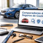 Portátil mostrando comparador de seguros de coche con documentos, llaves y calculadora en escritorio moderno, concepto de elegir el mejor seguro en España