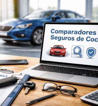 Portátil mostrando comparador de seguros de coche con documentos, llaves y calculadora en escritorio moderno, concepto de elegir el mejor seguro en España
