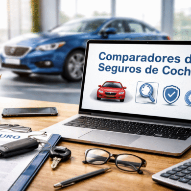 Portátil mostrando comparador de seguros de coche con documentos, llaves y calculadora en escritorio moderno, concepto de elegir el mejor seguro en España