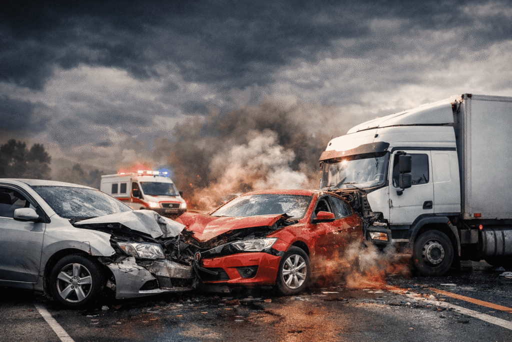 accidente múltiple de vehículos en carretera con varios coches colisionados y daños graves