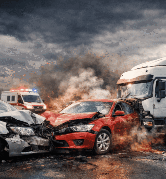 accidente múltiple de vehículos en carretera con varios coches colisionados y daños graves