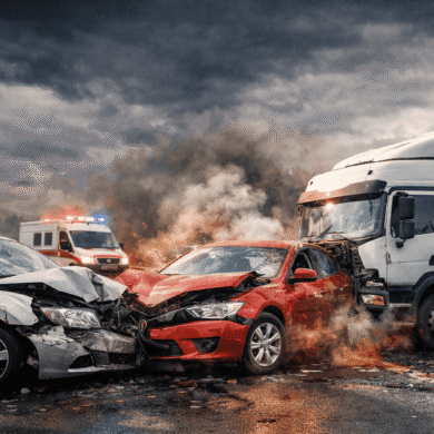 accidente múltiple de vehículos en carretera con varios coches colisionados y daños graves