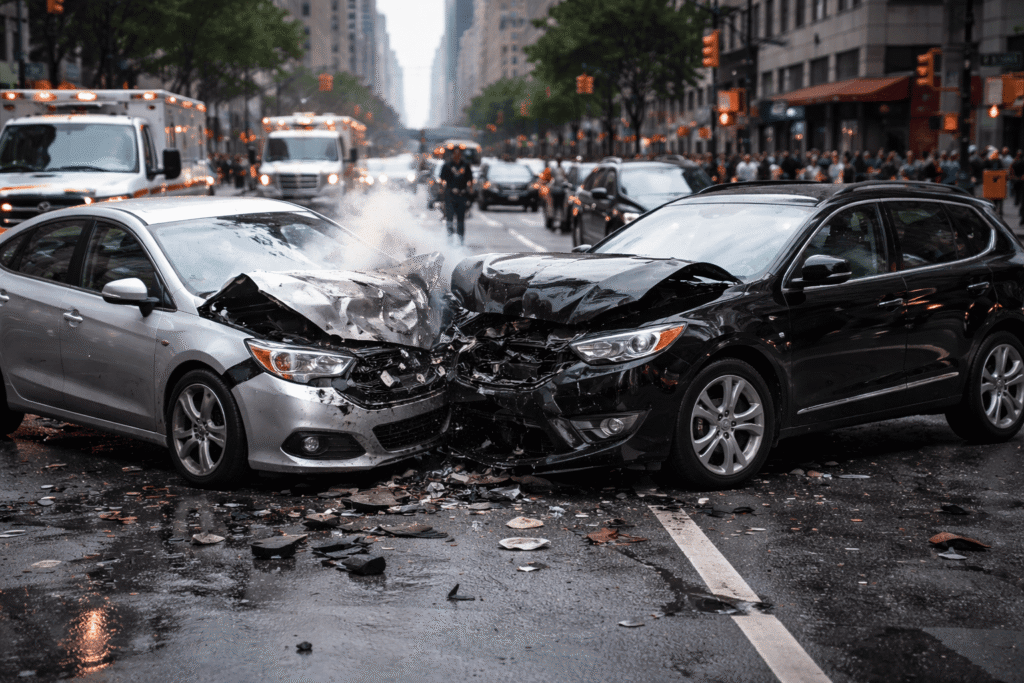 Accidente de tráfico en ciudad durante el día con dos coches chocados y presencia de ambulancias y policías en la escena.