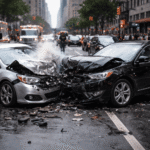 Accidente de tráfico en ciudad durante el día con dos coches chocados y presencia de ambulancias y policías en la escena.