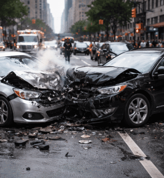 Accidente de tráfico en ciudad durante el día con dos coches chocados y presencia de ambulancias y policías en la escena.