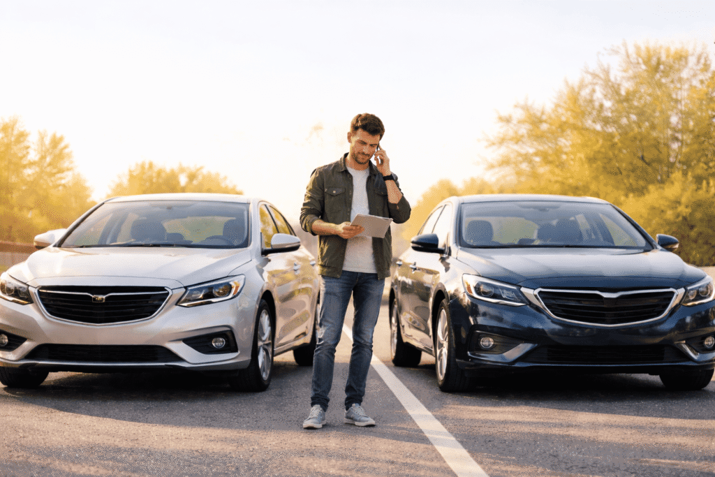 Hombre revisando documentos de seguro de coche entre dos vehículos modernos estacionados, con fondo neutro y profesional.