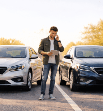 Hombre revisando documentos de seguro de coche entre dos vehículos modernos estacionados, con fondo neutro y profesional.