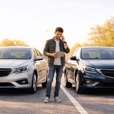 Hombre revisando documentos de seguro de coche entre dos vehículos modernos estacionados, con fondo neutro y profesional.